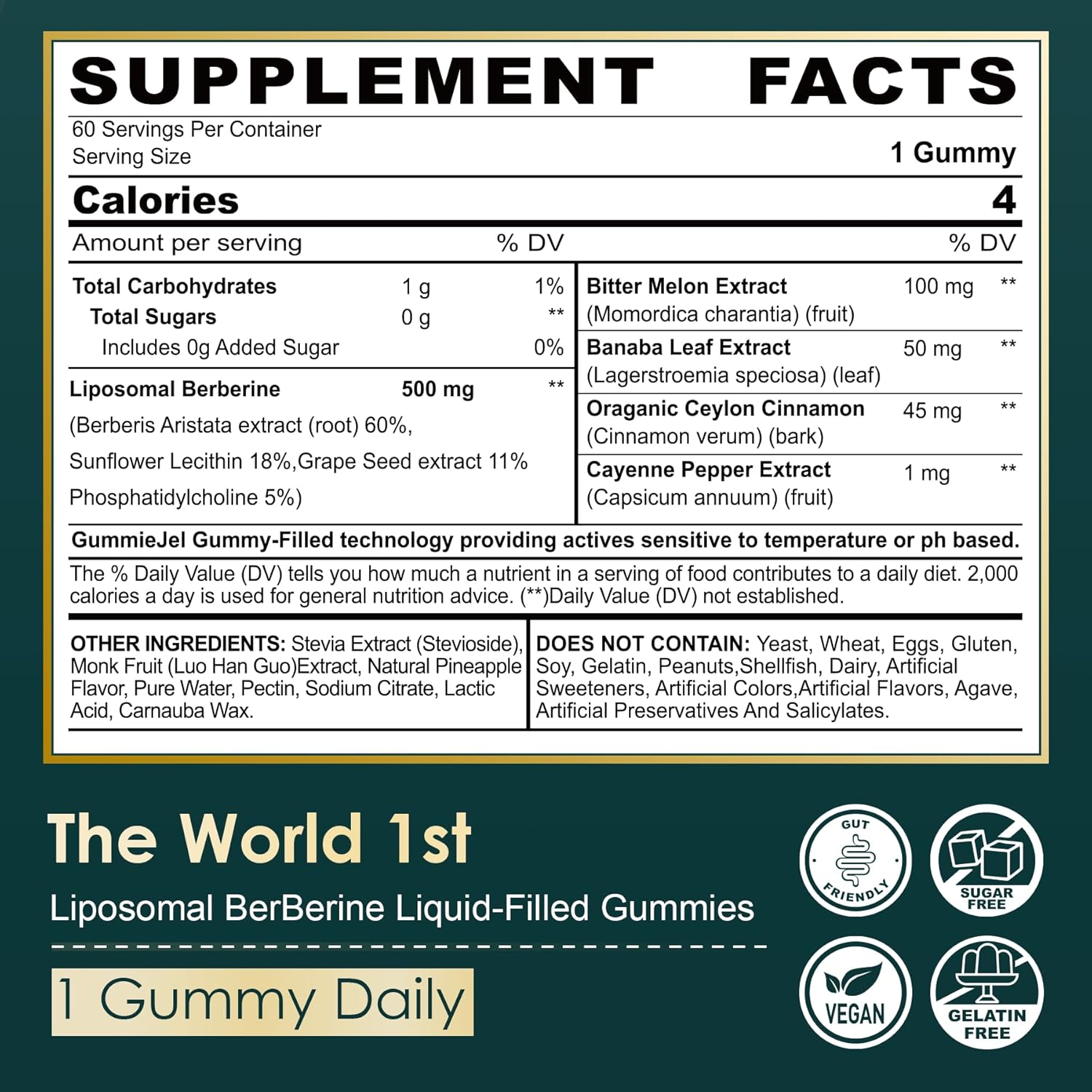 LILICARE Berberine Liposomal Gummies 500mg with Ceylon Cinnamon for Balanced Metabolism - Vegan, Sugar Free, High Absorption - 60 Count
