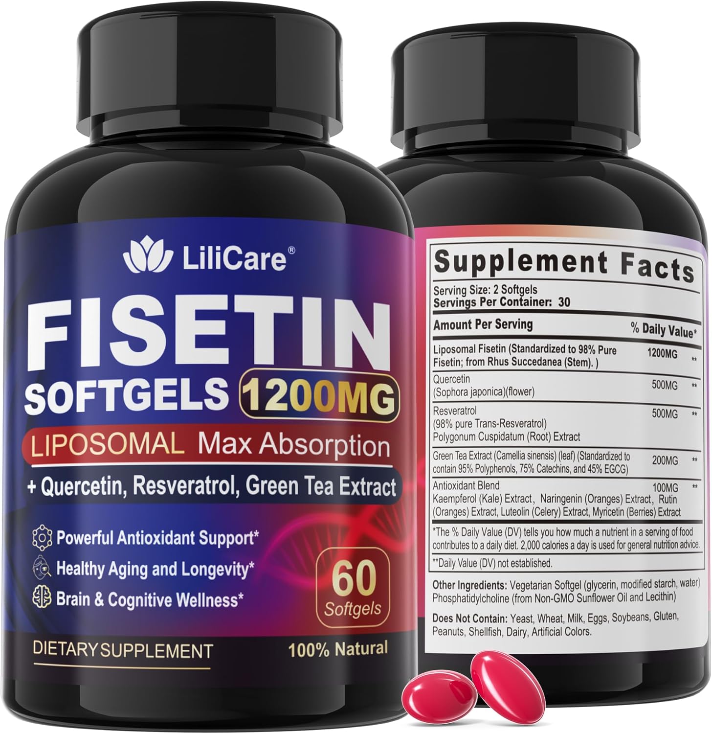 LILICARE Liposomal Fisetin Supplement with Quercetin, Resveratrol, Green Tea Extract - 1200mg for Healthy Aging & Longevity, Skin Health, Brain & Antioxidant Support - 60 Softgels