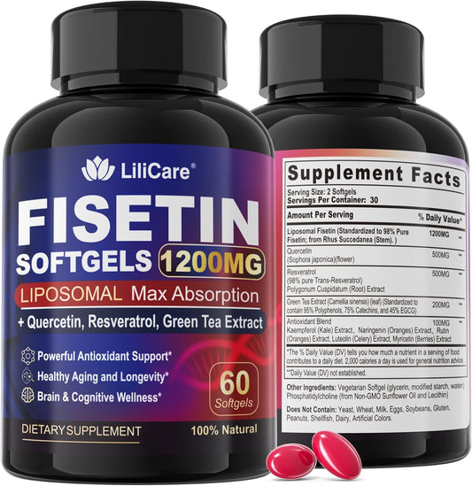 LILICARE Liposomal Fisetin Supplement with Quercetin, Resveratrol, Green Tea Extract - 1200mg for Healthy Aging & Longevity, Skin Health, Brain & Antioxidant Support - 60 Softgels