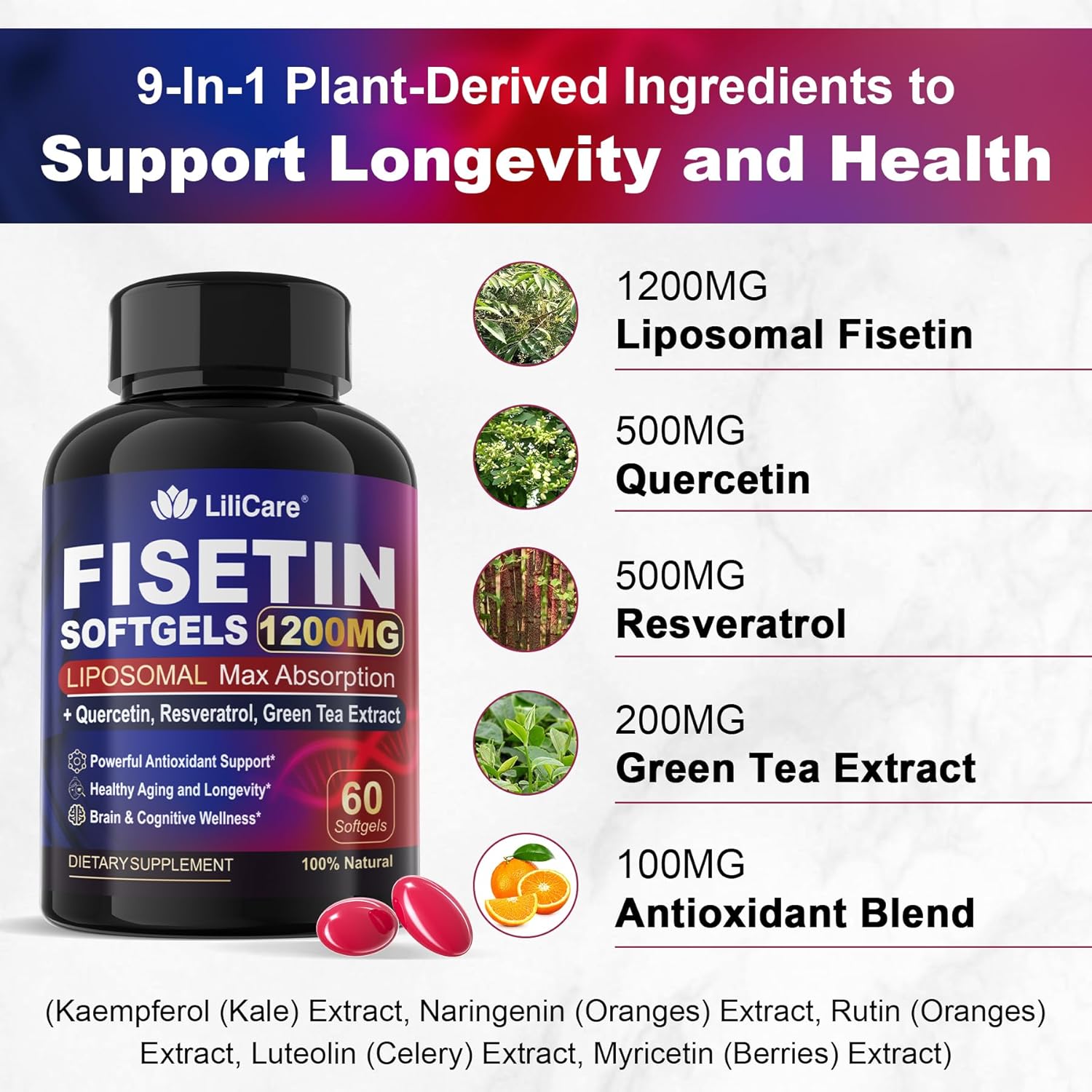 LILICARE Liposomal Fisetin Supplement with Quercetin, Resveratrol, Green Tea Extract - 1200mg for Healthy Aging & Longevity, Skin Health, Brain & Antioxidant Support - 60 Softgels