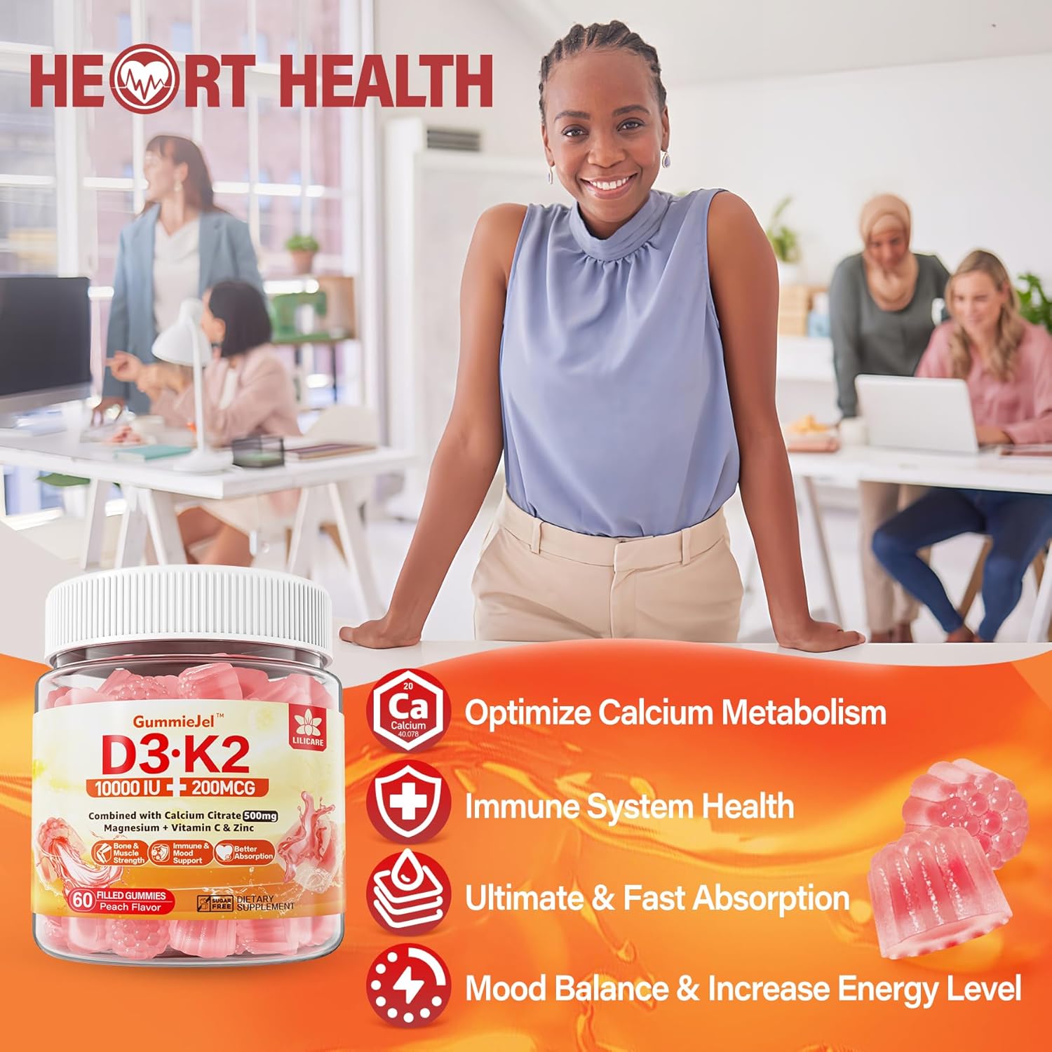 LILICARE Sugar-Free Vitamin D3 K2 Gummies with Calcium, Magnesium, and Vitamin C - Ultimate Bone, Muscle, and Teeth Support - 2 Pack
