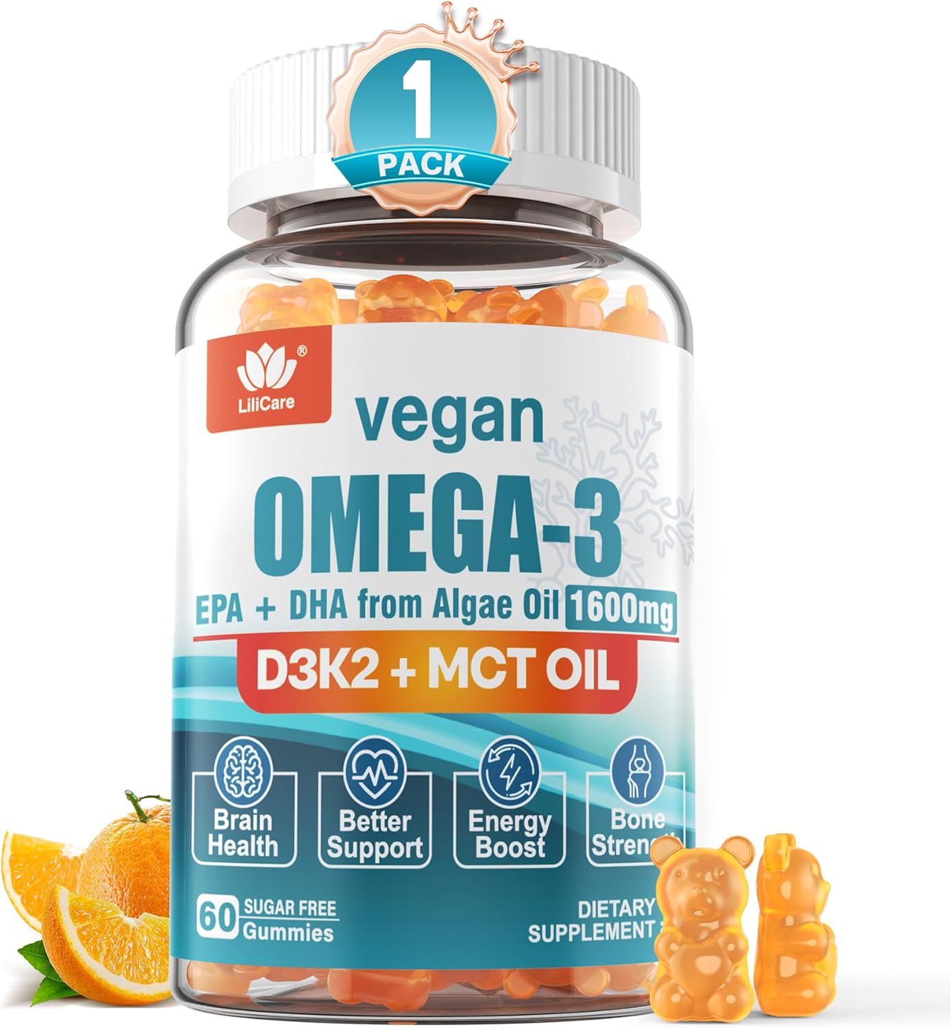 LILICARE Vegan Omega-3 Gummies 1280mg with Vitamin D3 & K2 - Sugar-Free Fish Oil Alternative from Marine Algae Oil - Brain, Eye, Immunity Support, 1 Pack