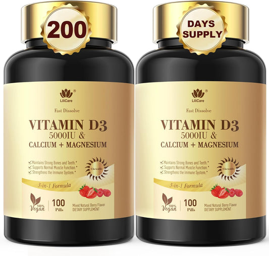 LILICARE Vitamin D3 5000IU Fast Dissolve Chewable Tablets with Calcium & Magnesium - Supports Bone, Muscle, Teeth, and Immune Health - Sugar Free Supplement - 200 Tablets