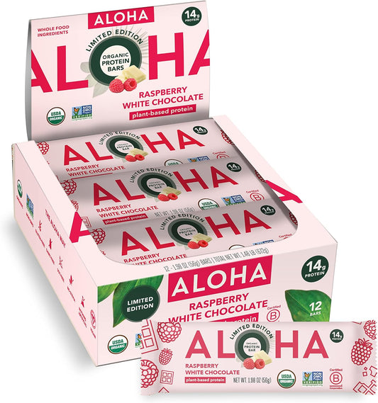 Limited Edition ALOHA Organic Plant Based Protein Bars - Raspberry White Chocolate - Vegan, Gluten Free, Low Carb - 12 Count, 1.98oz Bars