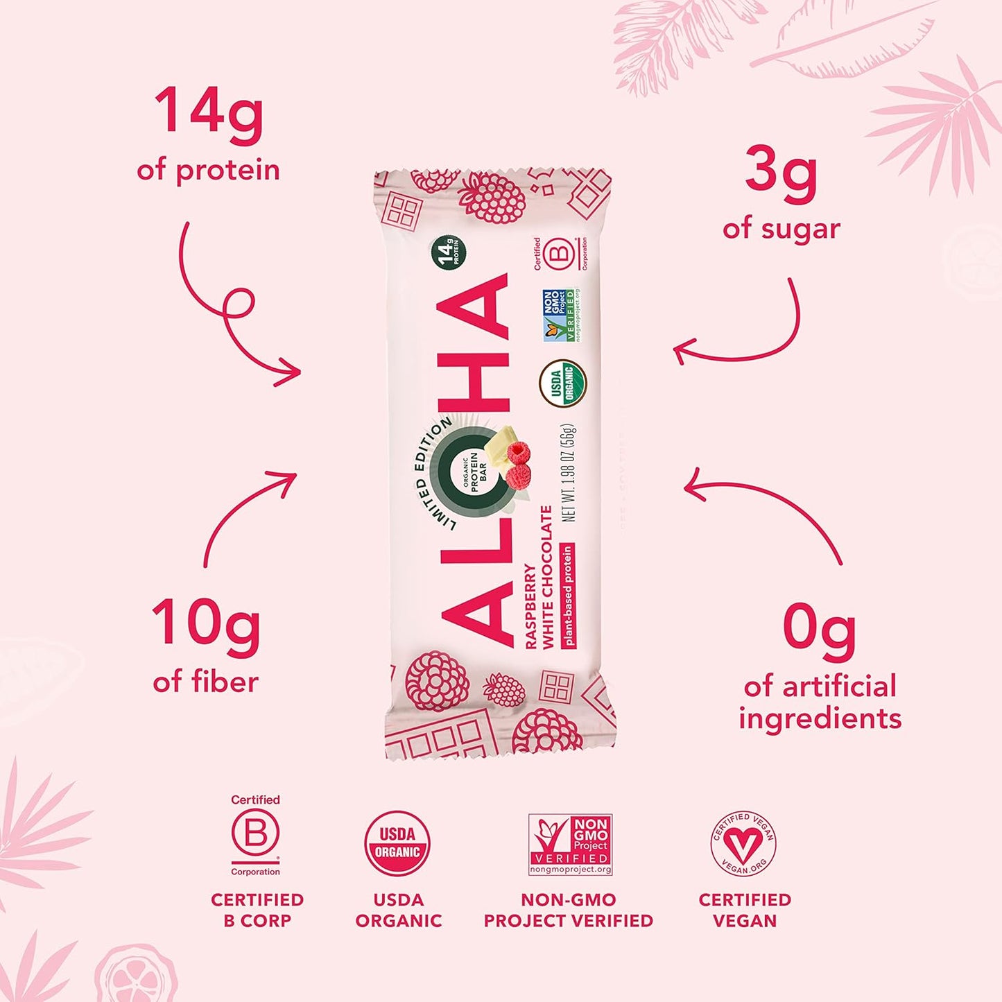 Limited Edition ALOHA Organic Plant Based Protein Bars - Raspberry White Chocolate - Vegan, Gluten Free, Low Carb - 12 Count, 1.98oz Bars