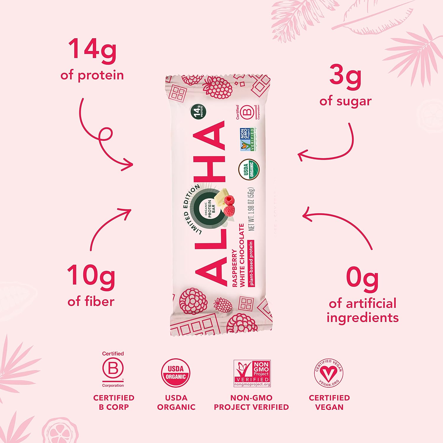 Limited Edition ALOHA Organic Plant Based Protein Bars - Raspberry White Chocolate - Vegan, Gluten Free, Low Carb - 12 Count, 1.98oz Bars