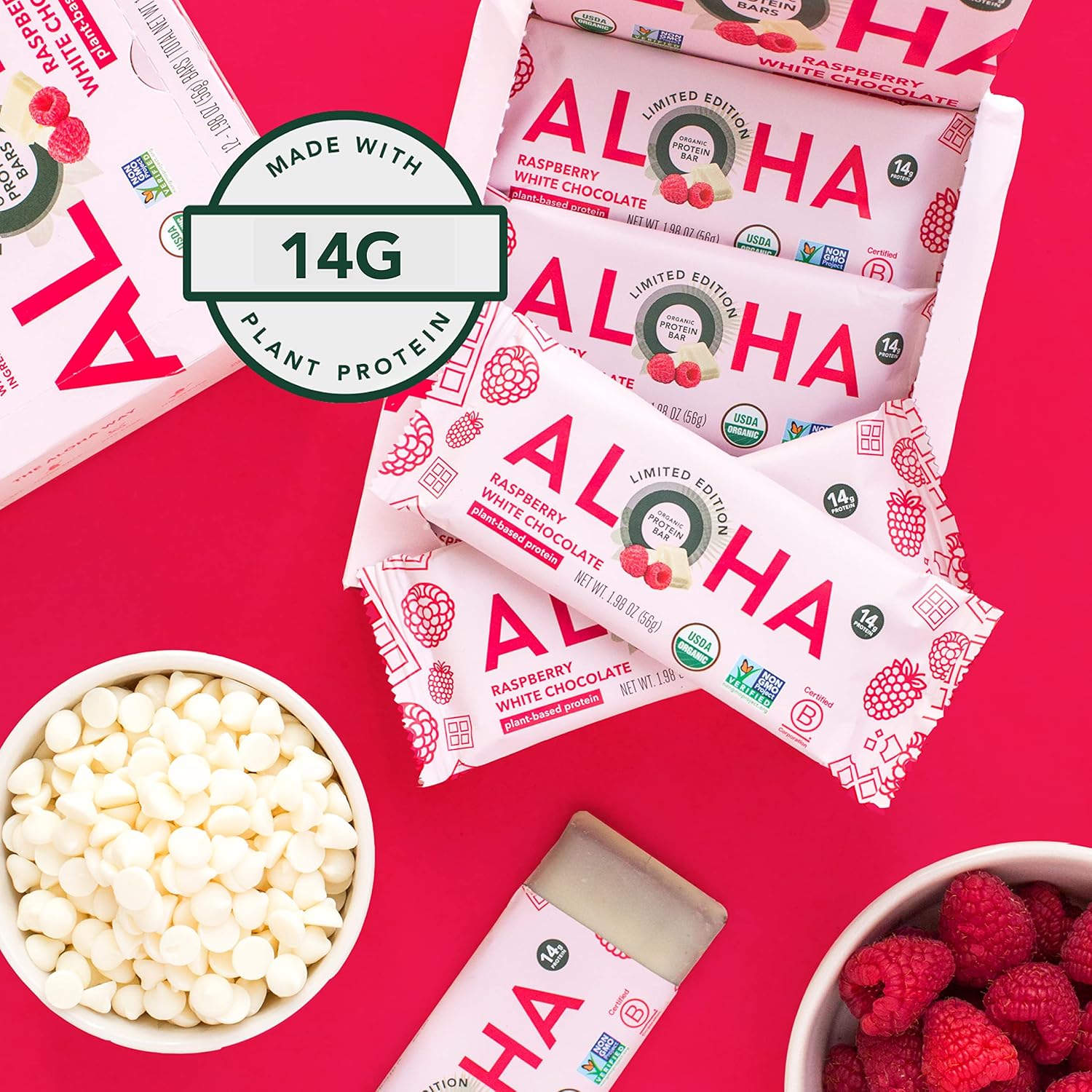 Limited Edition ALOHA Organic Plant Based Protein Bars - Raspberry White Chocolate - Vegan, Gluten Free, Low Carb - 12 Count, 1.98oz Bars