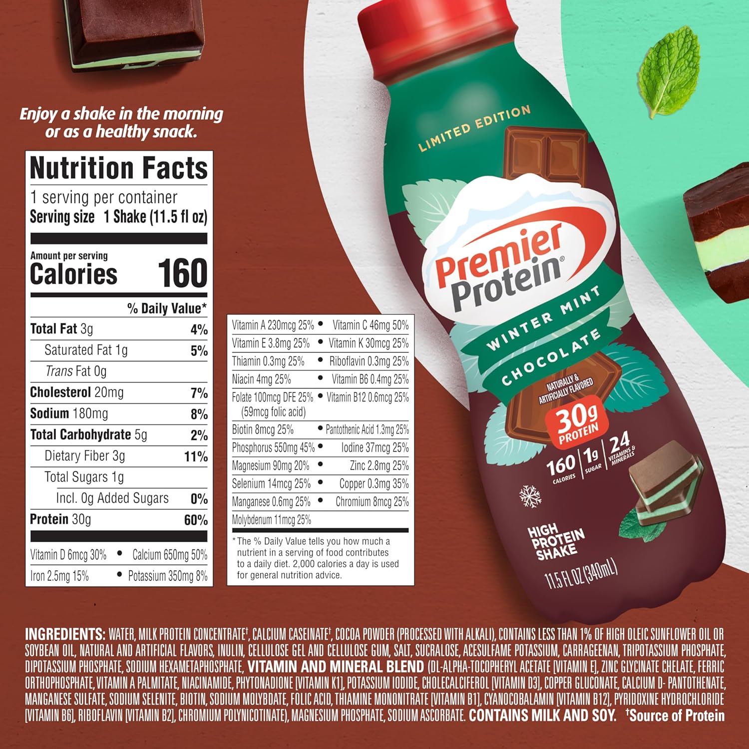 Limited Edition Winter Mint Chocolate Premier Protein Shake - 30g Protein, 1g Sugar, 24 Vitamins & Minerals, Immune Health Support - 11.5 oz, 12 Pack
