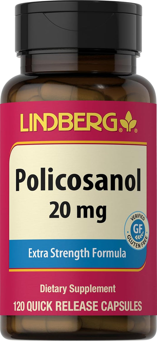 Lindberg Policosanol 20mg Capsules - Extra Strength Non GMO Gluten Free Supplement in 120 Count Bottle