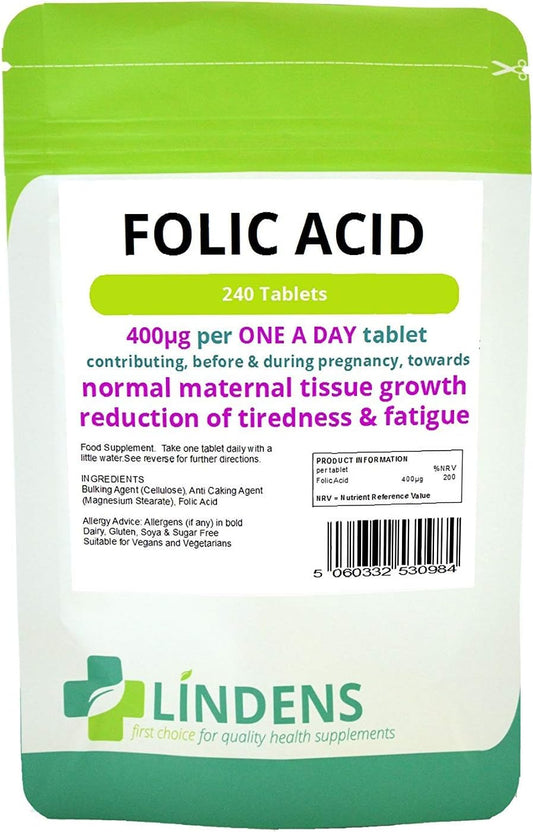 Lindens Folic Acid 400mcg Tablets - 2-Pack of 480 Tablets for Daily Use