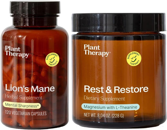 Lion's Mane Herbal Supplement Capsules with Rest & Restore Magnesium Powder for Natural Wellness