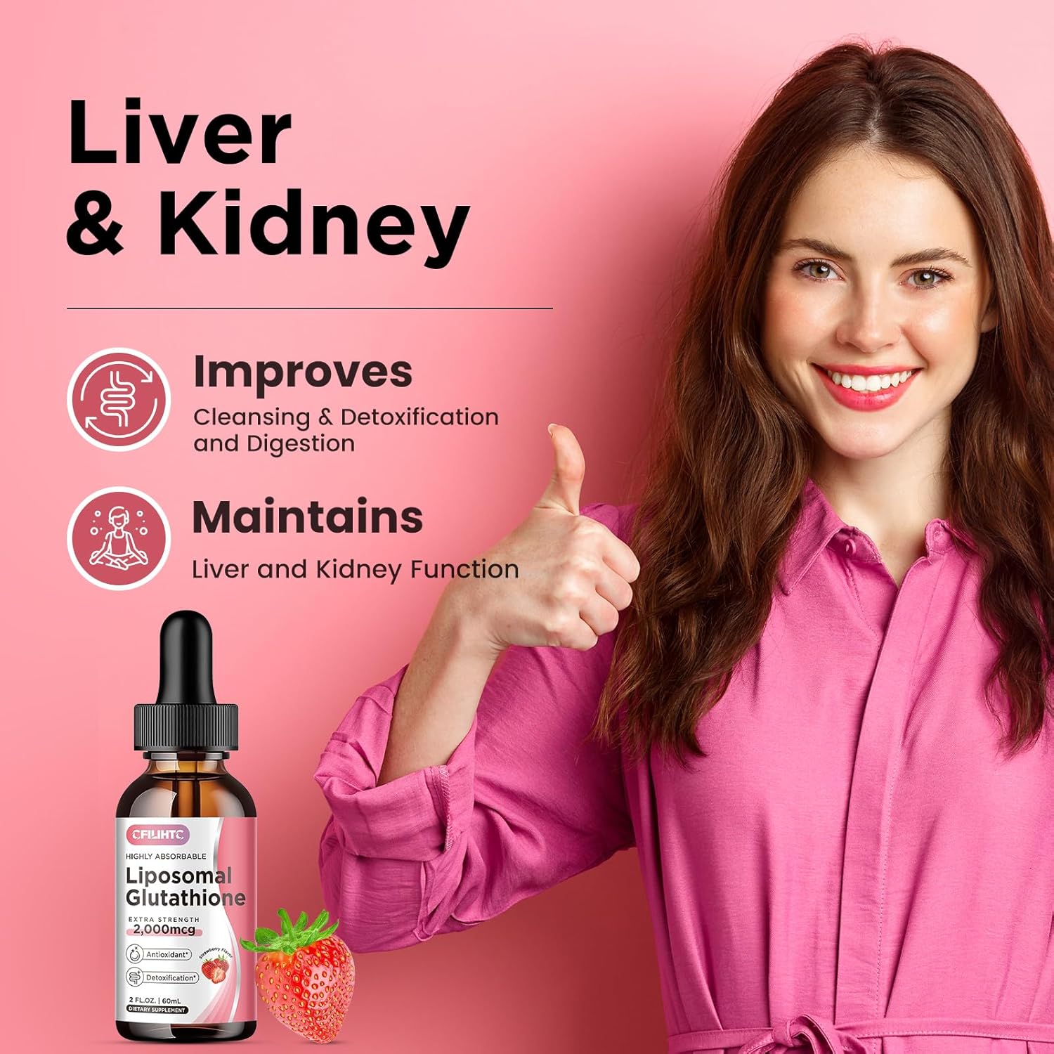 Liposomal Glutathione Liquid Drops with Vitamin C for Liver Detox & Anti-Aging - 2 FL.OZ Strawberry Flavor
