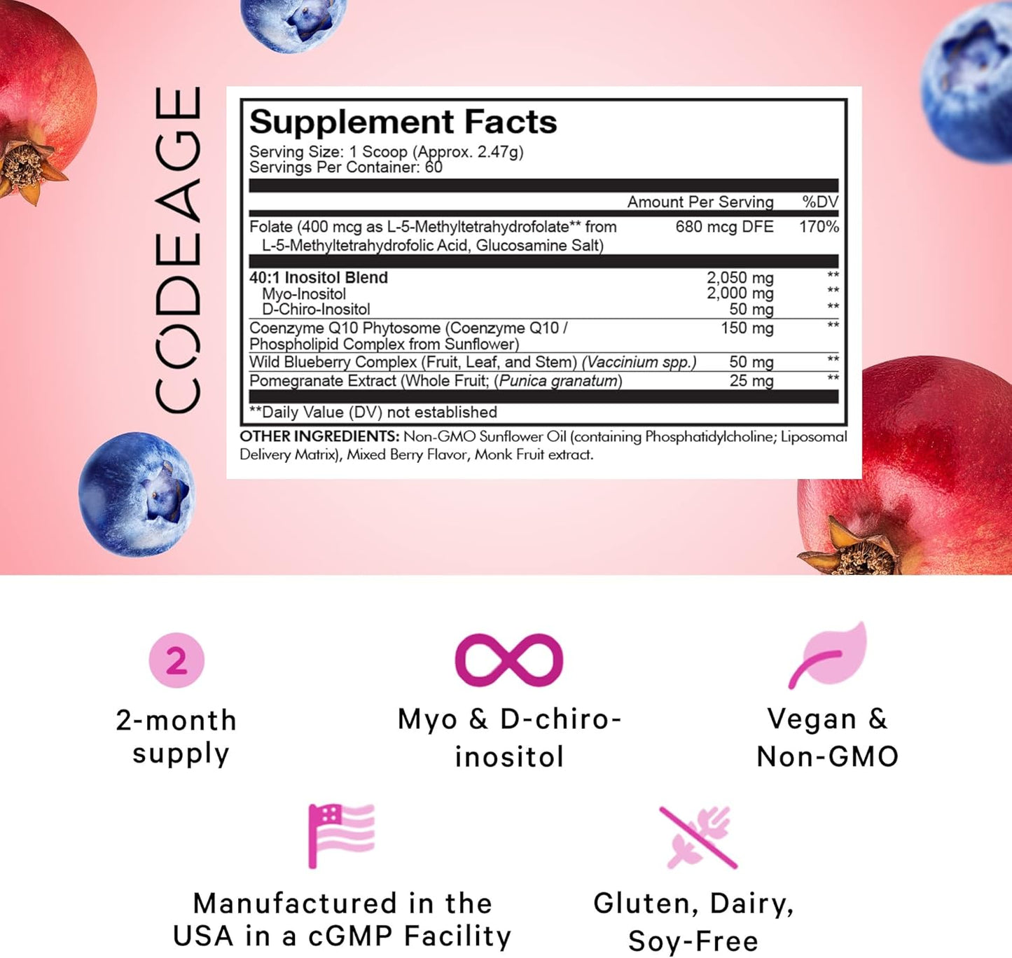 Liposomal Inositol Blend with Folate, CoQ10, Pomegranate & Blueberry - 2-Month Supply, Mixed Berry Flavor - Non-GMO, 60 Servings