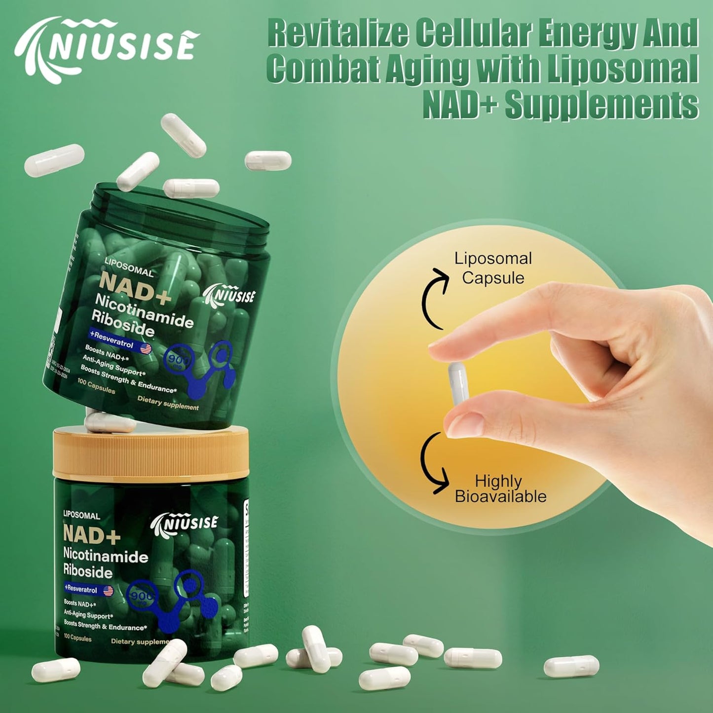 Liposomal NAD+ Supplement with Nicotinamide Riboside, Resveratrol & Quercetin - 900 Mg for Energy Boost - 1000 Capsules for Men and Women