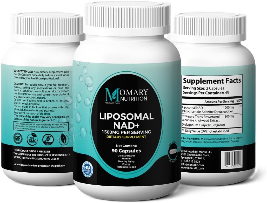 Liposomal NAD+ Supplement with Resveratrol and Japanese Knotweed Extract for Cellular Health and Energy - 90 Capsules, Vegan