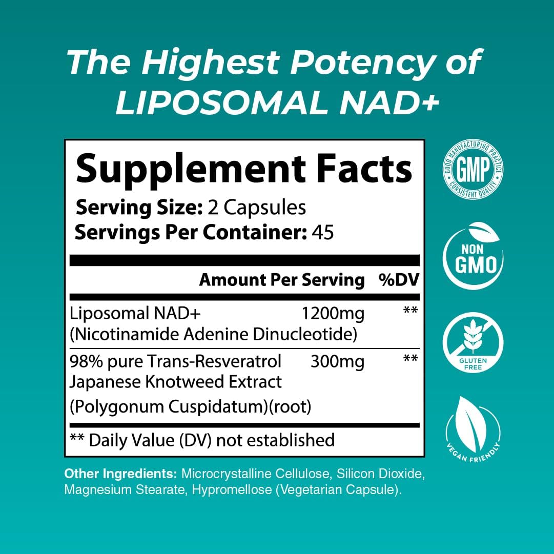 Liposomal NAD+ Supplement with Resveratrol and Japanese Knotweed Extract for Cellular Health and Energy - 90 Capsules, Vegan