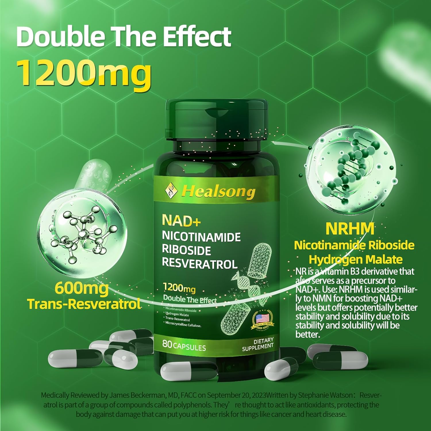 Liposomal Nicotinamide Riboside & Resveratrol NAD+ Supplement for Anti-Aging & Energy Boost - 80 Capsules