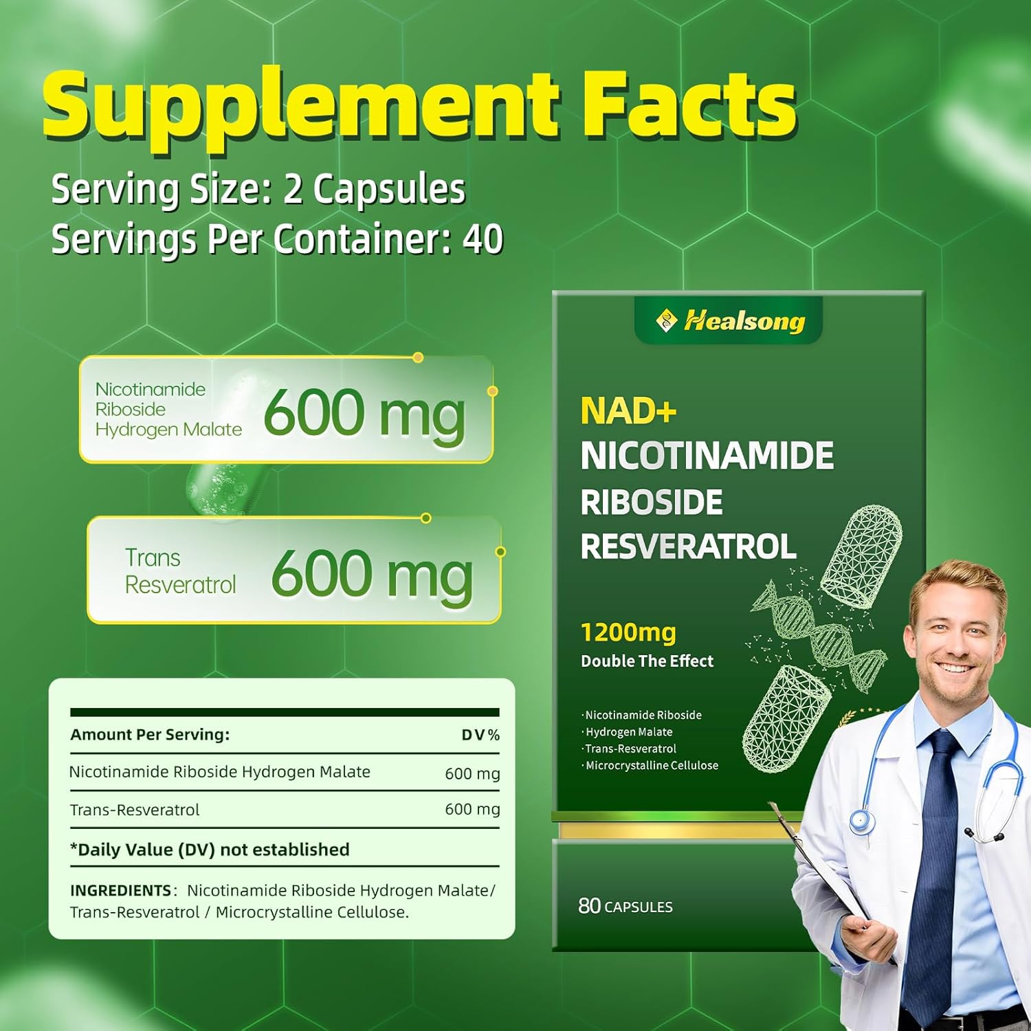Liposomal Nicotinamide Riboside & Resveratrol NAD+ Supplement for Anti-Aging & Energy Boost - 80 Capsules