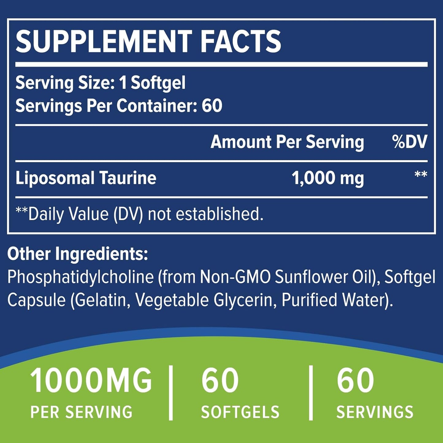 Liposomal Taurine 1000mg Supplement for Heart, Liver, Brain - Vegan & Gluten Free - High Absorption - 60 Softgels