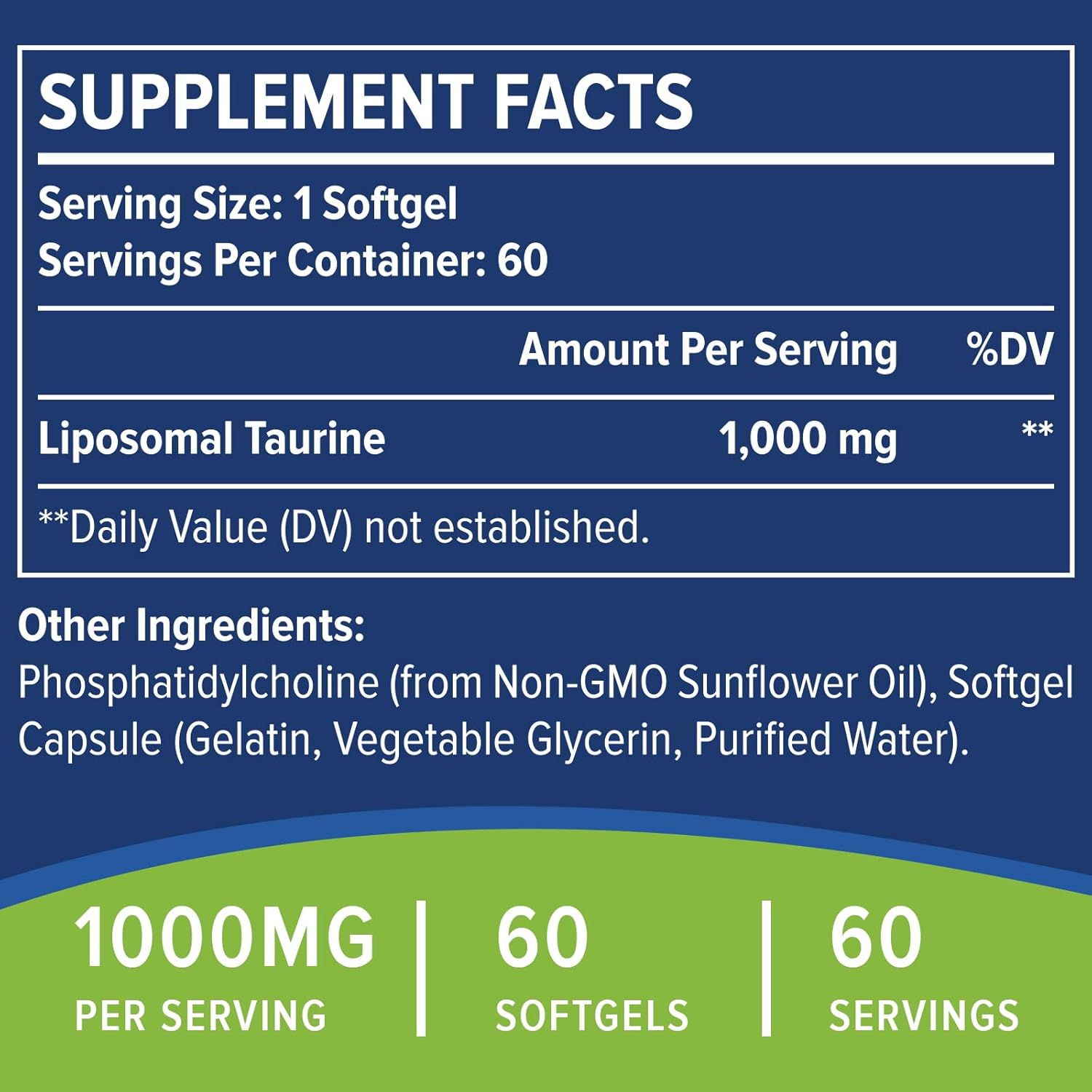 Liposomal Taurine 1000mg Supplement for Heart, Liver, Brain - Vegan & Gluten Free - High Absorption - 60 Softgels