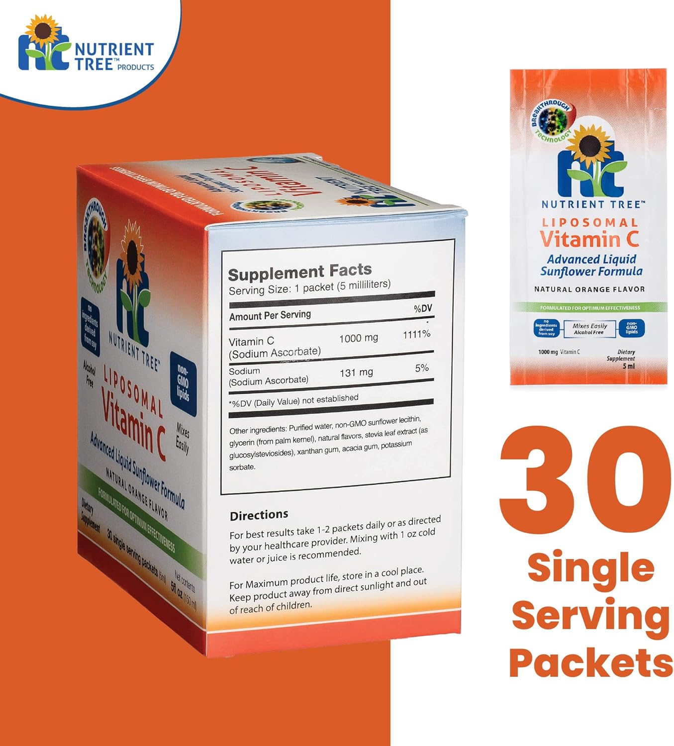 Liposomal Vitamin C 1,000mg - 30 Packets, 5ml Each | High Bioavailability, Non-GMO Formula | Potent and Professionally Formulated