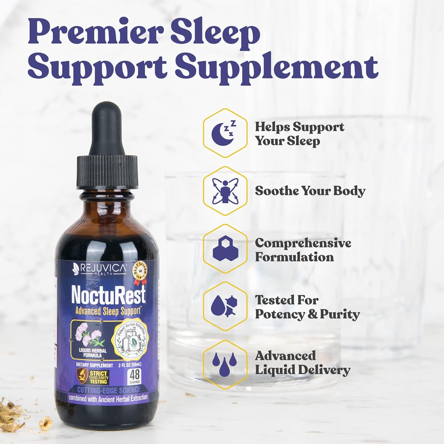 Liquid Adrenal + Sleep Support Supplement with Rhodiola, Hops & Ashwagandha - Enhanced Absorption for Stress Relief & Better Sleep