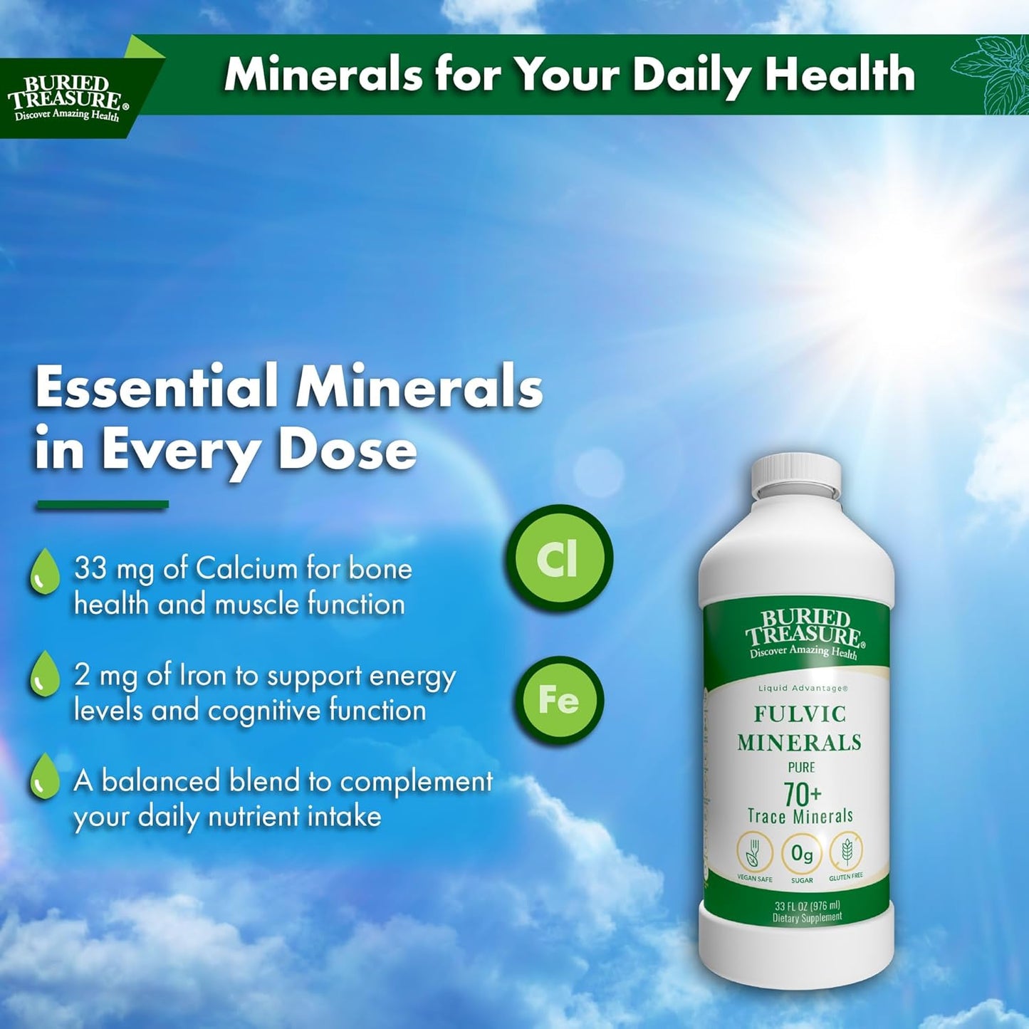 Liquid Advantage FULVIC MINERALS 33 oz Dietary Supplement - Pure Source of 70+ Trace Minerals for Health