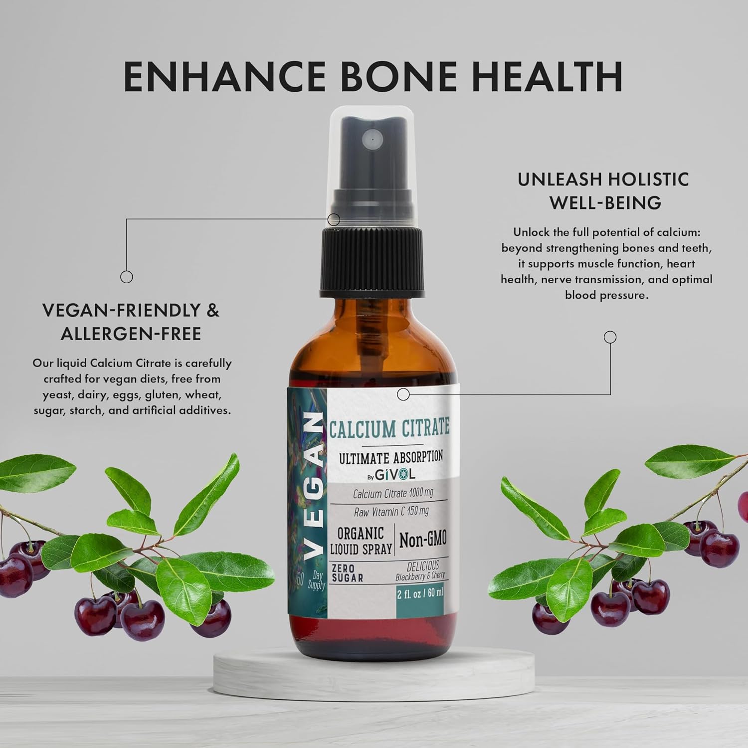 Liquid Calcium Citrate & Vitamin C Spray Mist for Better Absorption, Wild Cherry & BlackBerry Flavor, 1000mg Calcium & 150mg Vitamin C, Non-GMO, Gluten Free, Sugar-Free - 2oz