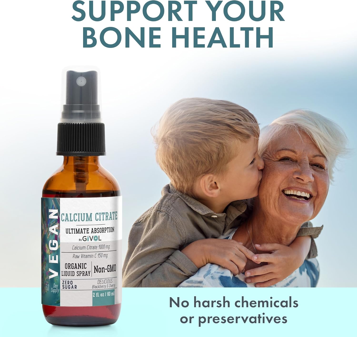 Liquid Calcium Citrate & Vitamin C Spray Mist for Better Absorption, Wild Cherry & BlackBerry Flavor, 1000mg Calcium & 150mg Vitamin C, Non-GMO, Gluten Free, Sugar-Free - 2oz