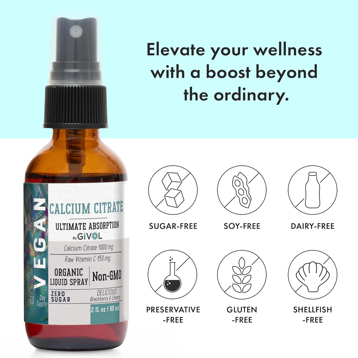 Liquid Calcium Citrate & Vitamin C Spray Mist for Better Absorption, Wild Cherry & BlackBerry Flavor, 1000mg Calcium & 150mg Vitamin C, Non-GMO, Gluten Free, Sugar-Free - 2oz