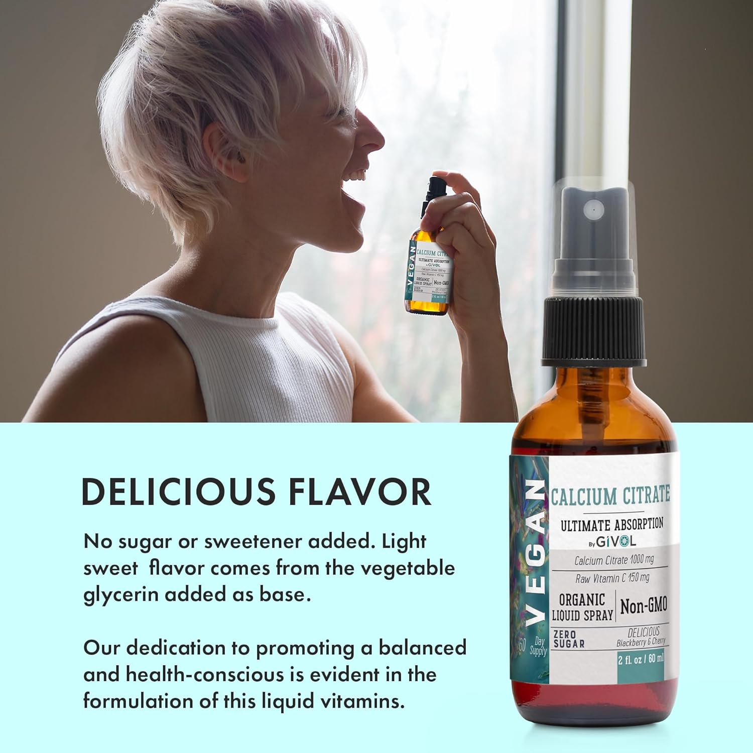Liquid Calcium Citrate & Vitamin C Spray Mist for Better Absorption, Wild Cherry & BlackBerry Flavor, 1000mg Calcium & 150mg Vitamin C, Non-GMO, Gluten Free, Sugar-Free - 2oz