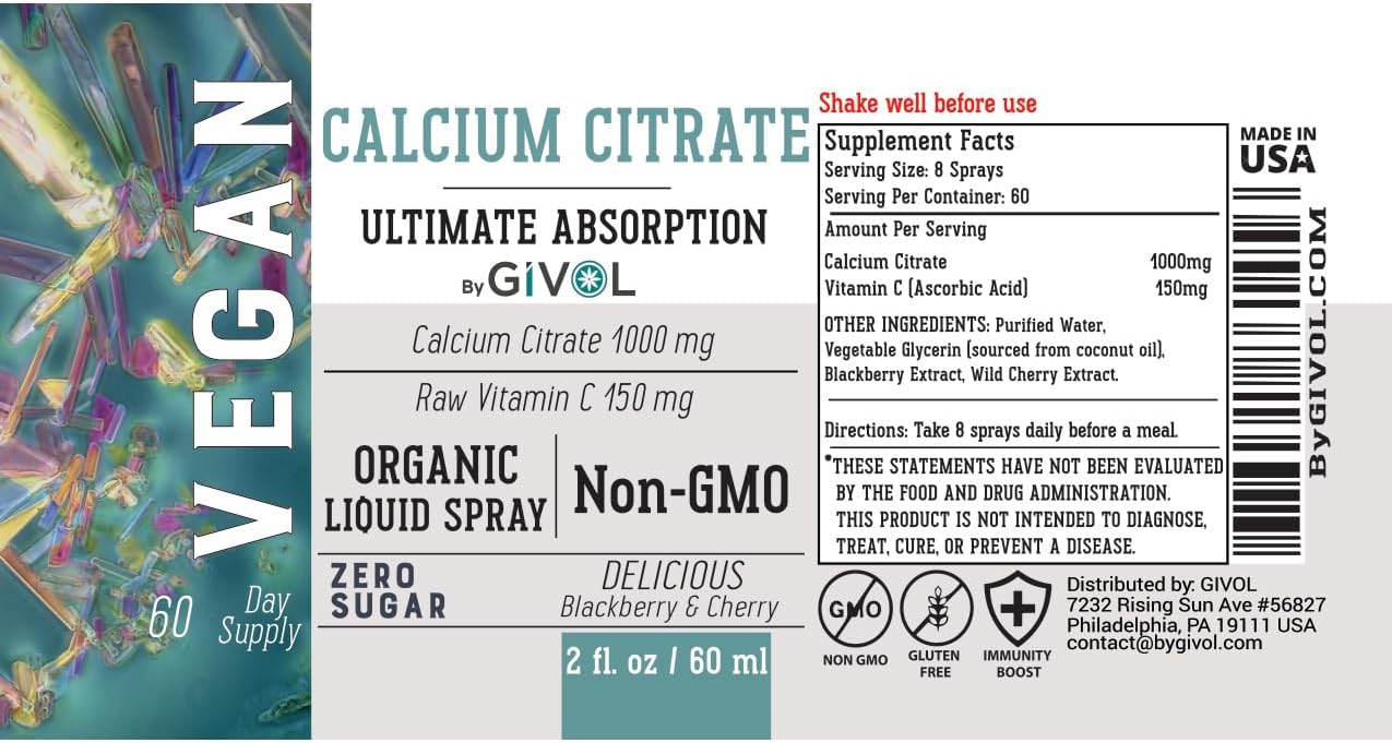 Liquid Calcium Citrate & Vitamin C Spray Mist for Better Absorption, Wild Cherry & BlackBerry Flavor, 1000mg Calcium & 150mg Vitamin C, Non-GMO, Gluten Free, Sugar-Free - 2oz