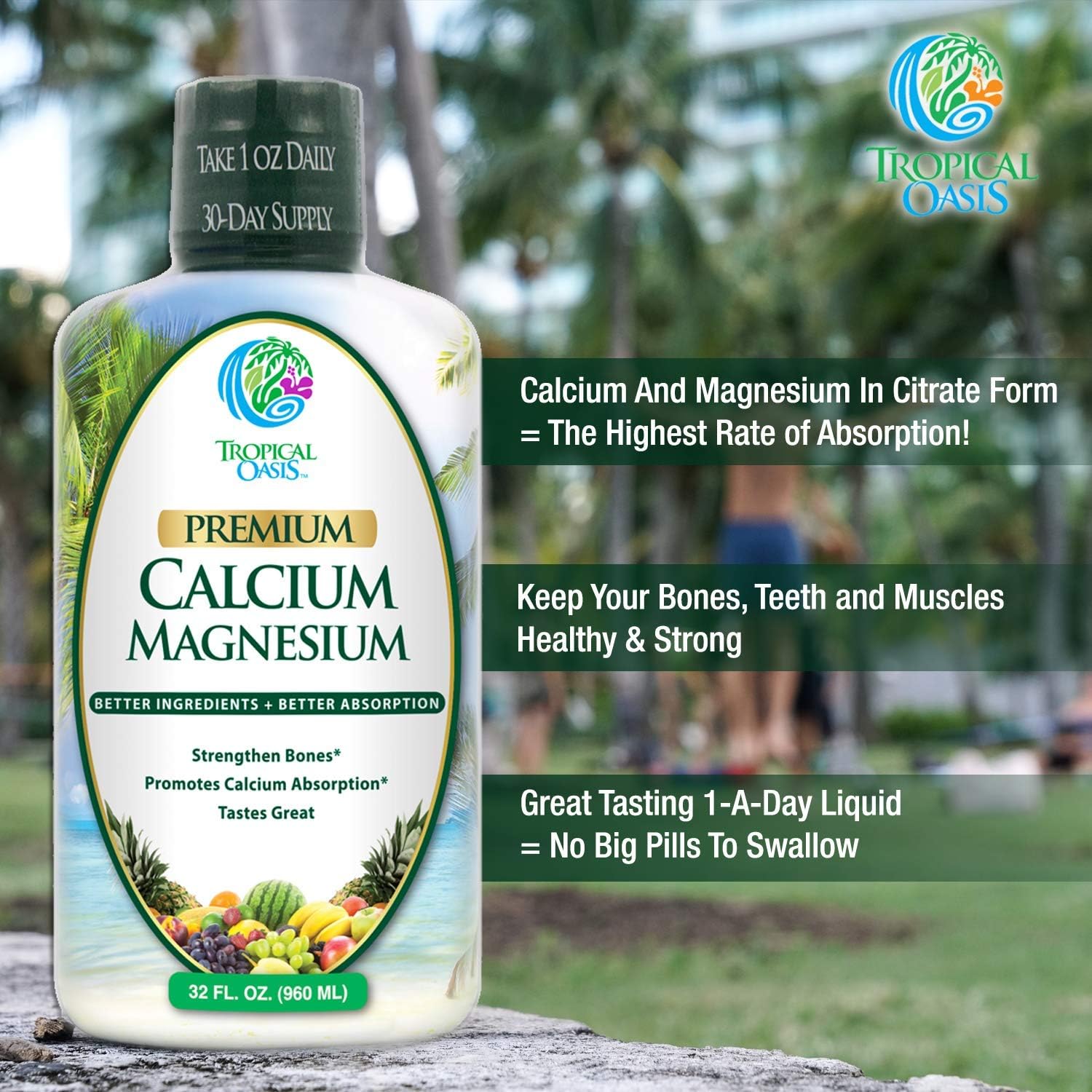 Liquid Calcium Magnesium Citrate Supplement for Strong Bones - Natural Formula with Vitamin D3 - High Absorption Rate - 32oz Bottle