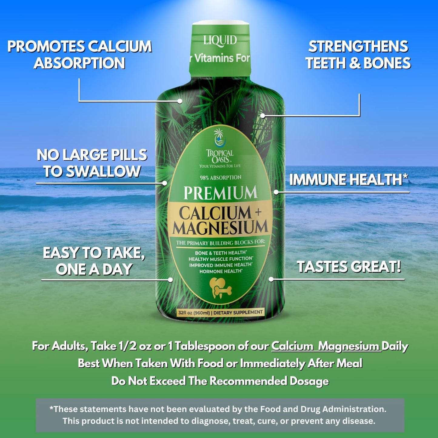 Liquid Calcium Magnesium Supplement for Strong Bones & Teeth | High Absorption Formula | 32 Fl Oz, 64 Servings