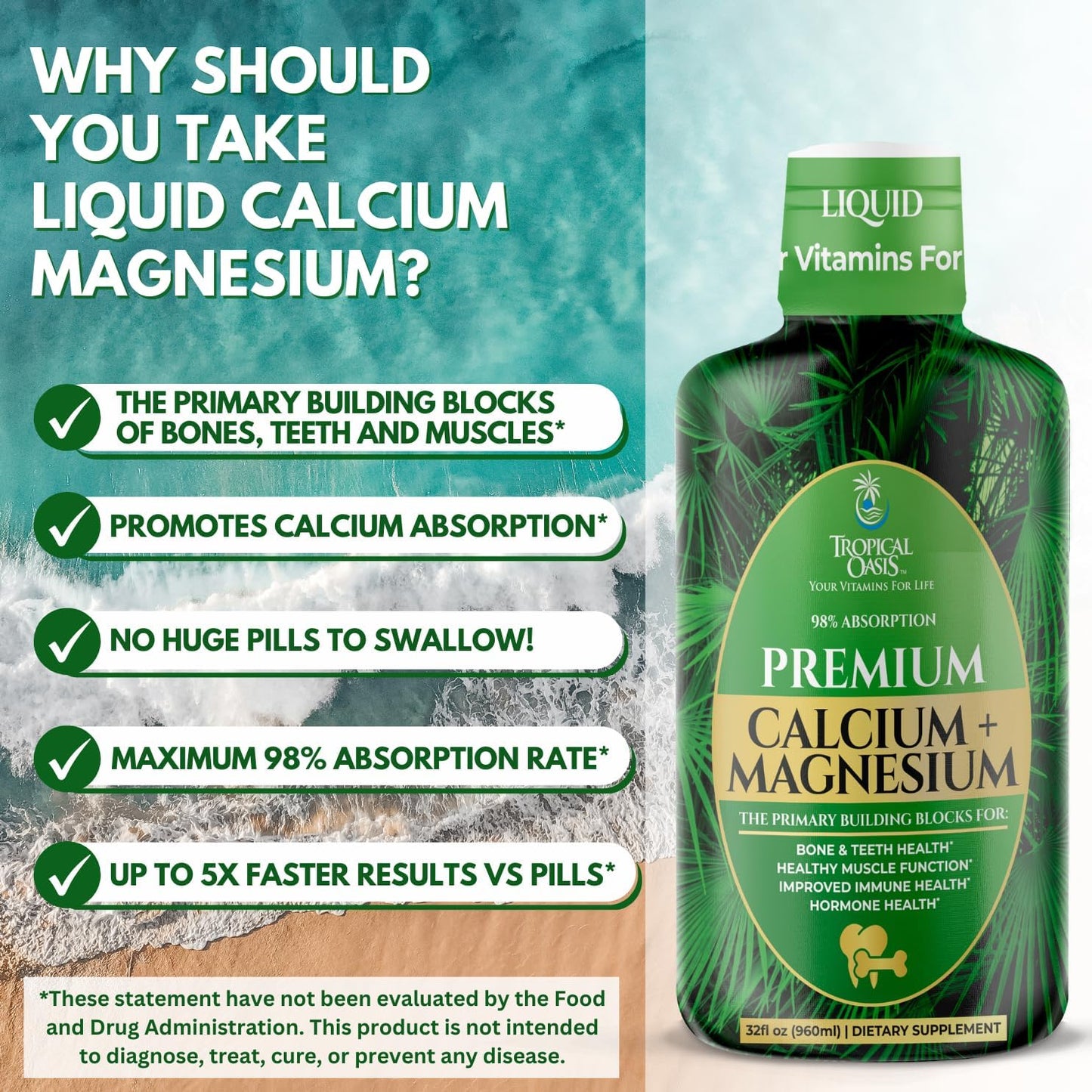 Liquid Calcium Magnesium Supplement for Strong Bones & Teeth | High Absorption Formula | 32 Fl Oz, 64 Servings