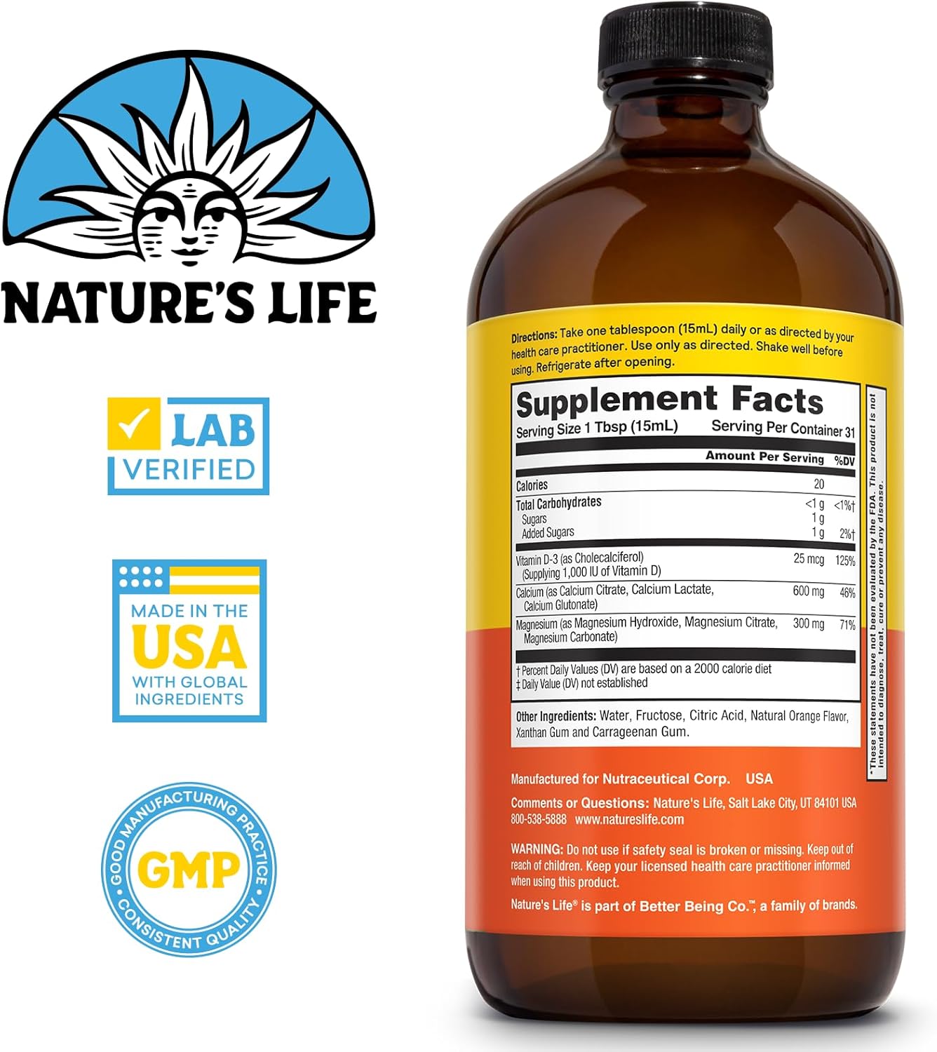 Liquid Calcium Magnesium Supplement with Vitamin D 3 for Bone, Muscle, Heart Health - Natural Orange Flavor - Lab Verified - 60-Day Guarantee - 16 FL OZ