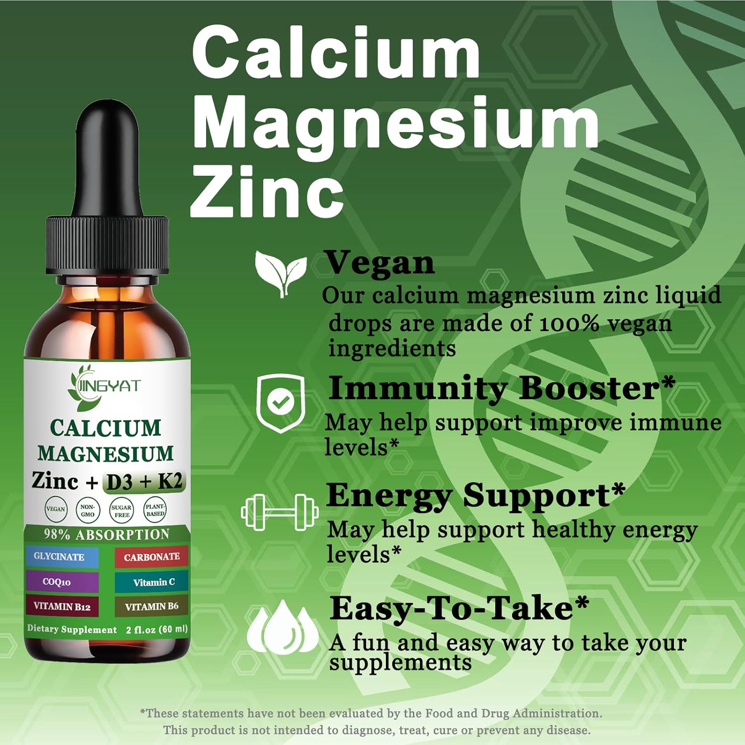 Liquid Calcium Magnesium Zinc Drops with Vitamin D3, K2, B6, B12, Coq10 - 2 Pack, Highly Absorbable Liquid Magnesium Glycinate - 6X Stronger Than Gummies & Capsules