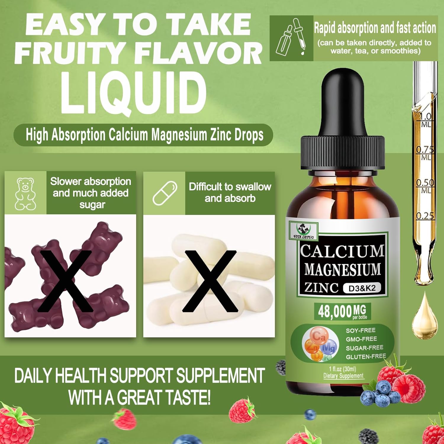 Liquid Calcium Magnesium Zinc Drops with Vitamin D3 & K2 for Bone Health - High Absorption Magnesium Glycinate Supplement