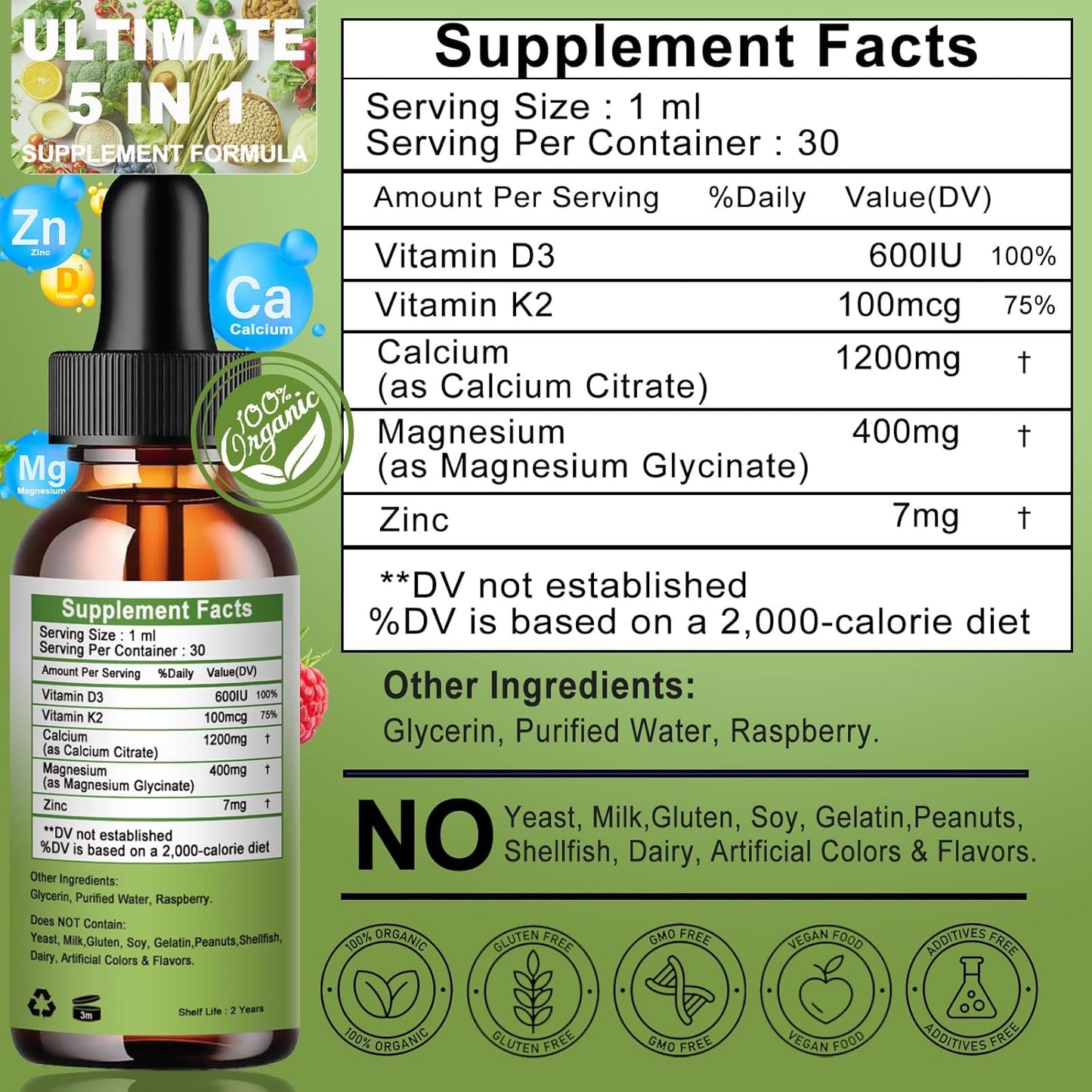Liquid Calcium Magnesium Zinc Drops with Vitamin D3 & K2 for Bone Health - High Absorption Magnesium Glycinate Supplement