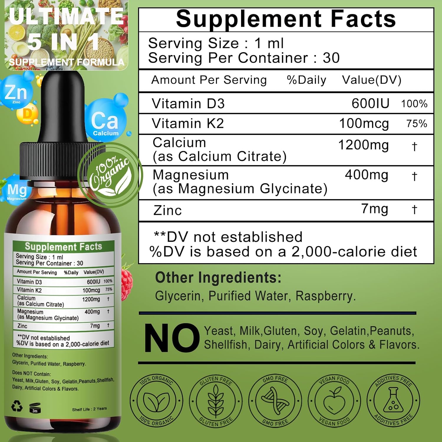 Liquid Calcium Magnesium Zinc Drops with Vitamin D3 & K2 for Bone Health - High Absorption Magnesium Glycinate Supplement