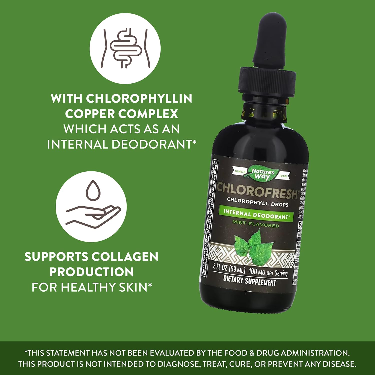Liquid Chlorophyll Drops by Nature's Way, 2 Fl. Oz., Mint Flavored, Internal Deodorant, Supports Detox, Chlorofresh Concentrate