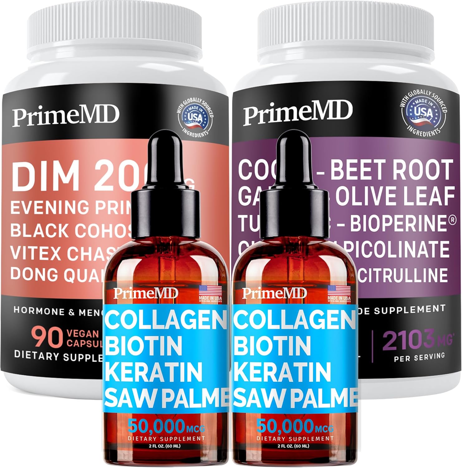 Liquid Collagen Biotin + Nitric Oxide + Menopause Support Bundle - Hair, Skin, Nails, Heart, & Hormone Vitamins - Non-GMO, Vegan, Gluten-Free - 4pk by PrimeMD