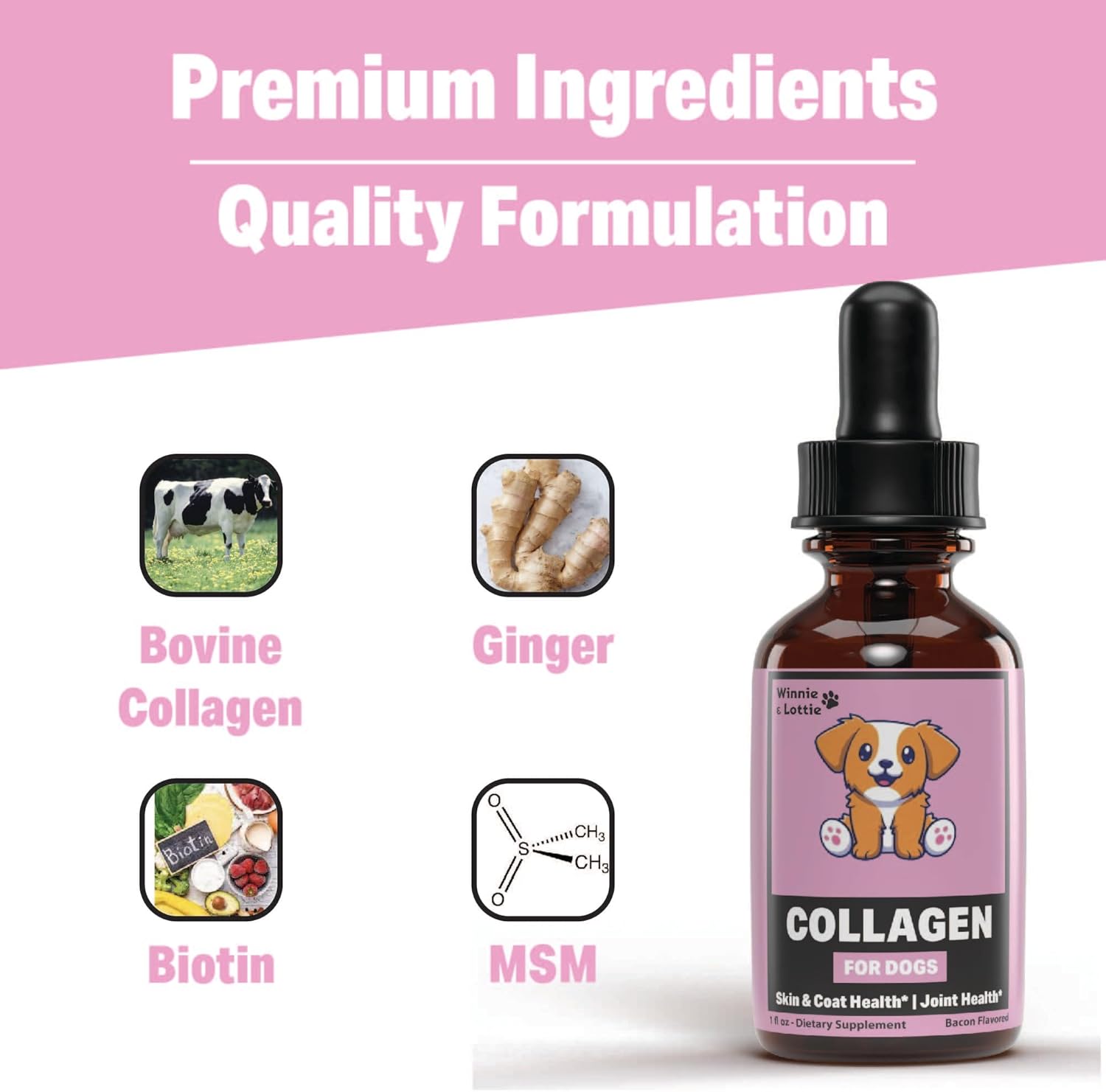 Liquid Collagen for Dogs - Skin and Coat Supplement with Bacon Flavor - 1 fl oz