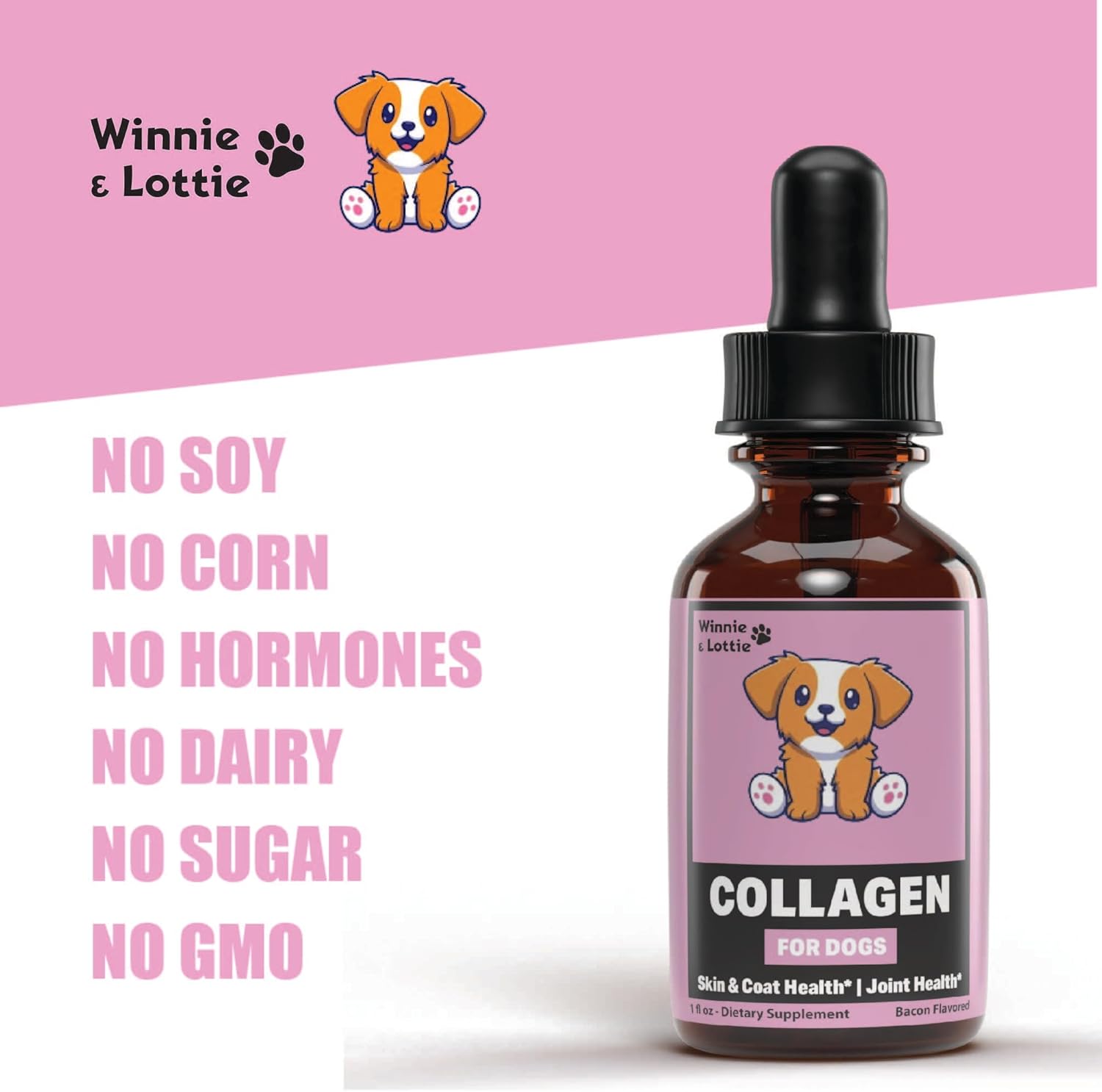 Liquid Collagen for Dogs - Skin and Coat Supplement with Bacon Flavor - 1 fl oz