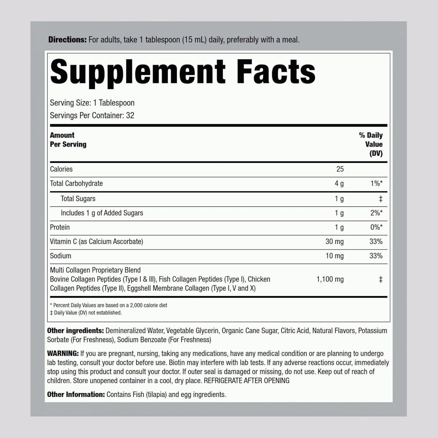 Liquid Collagen Supplement 16 fl oz - 1100mg with Vitamin C, Multi Collagen Peptides, Fruit Flavor - Non-GMO, Gluten Free
