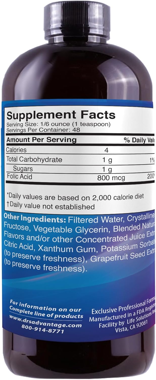 Liquid Folic Acid 800 MCG - Dr's Advantage 8 oz. Supplement for Health and Beauty