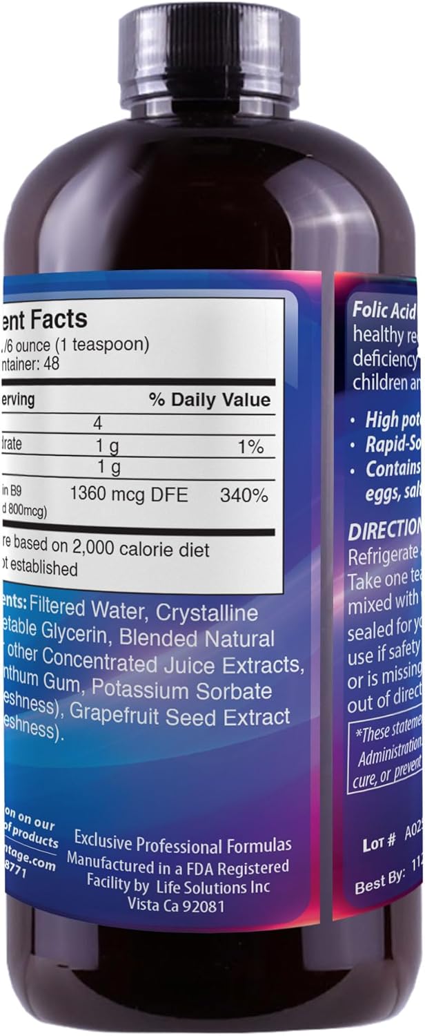 Liquid Folic Acid 800 MCG - Dr's Advantage 8 oz. Supplement for Health and Beauty