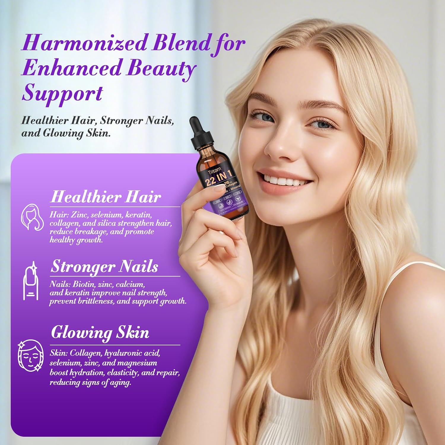 Liquid Hair Vitamins with Biotin, Collagen & Hyaluronic Acid - Hair Growth Support for Women and Men - Vitamin B Complex - Fast Absorption - Hair, Skin & Nails - Tiitarn