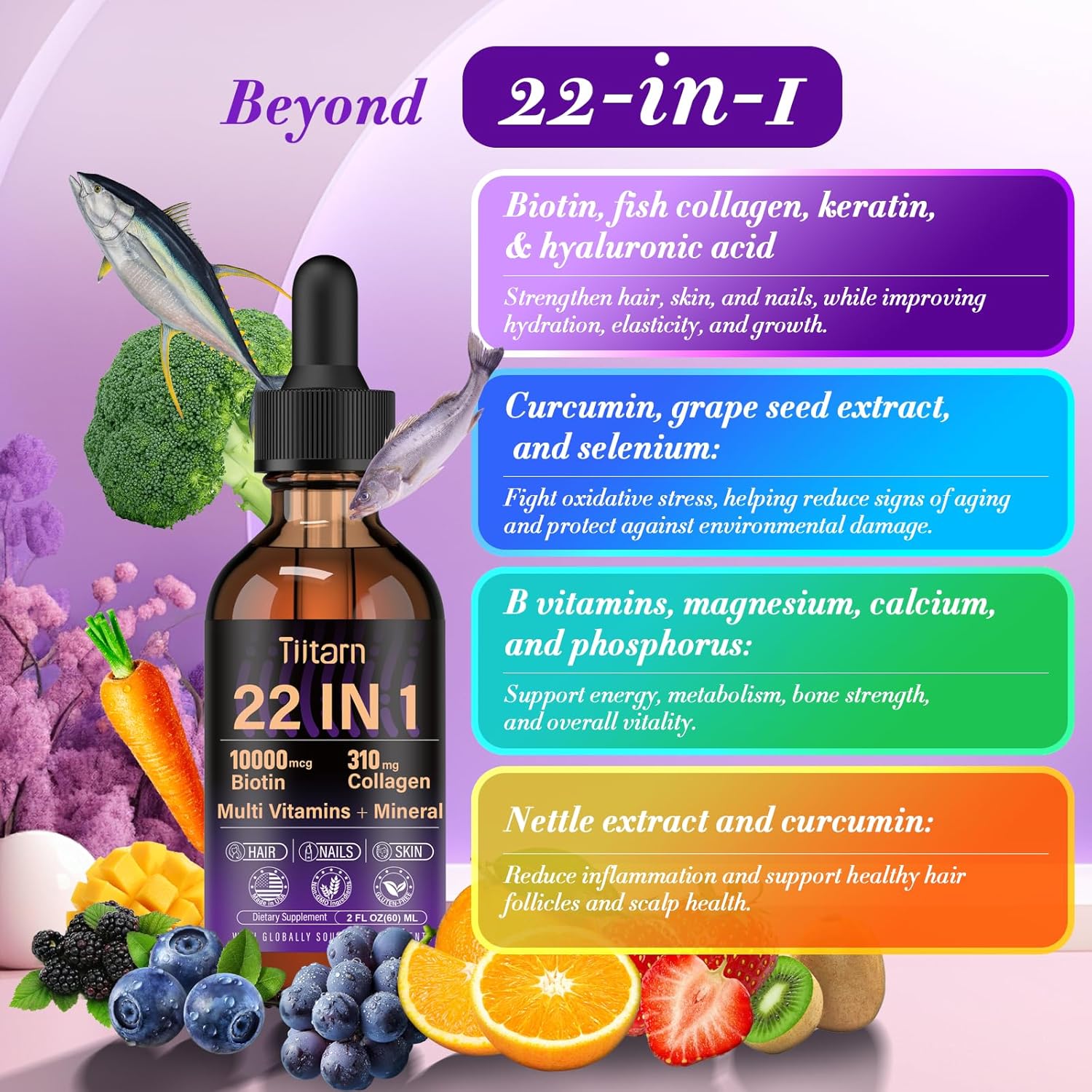 Liquid Hair Vitamins with Biotin, Collagen & Hyaluronic Acid - Hair Growth Support for Women and Men - Vitamin B Complex - Fast Absorption - Hair, Skin & Nails - Tiitarn