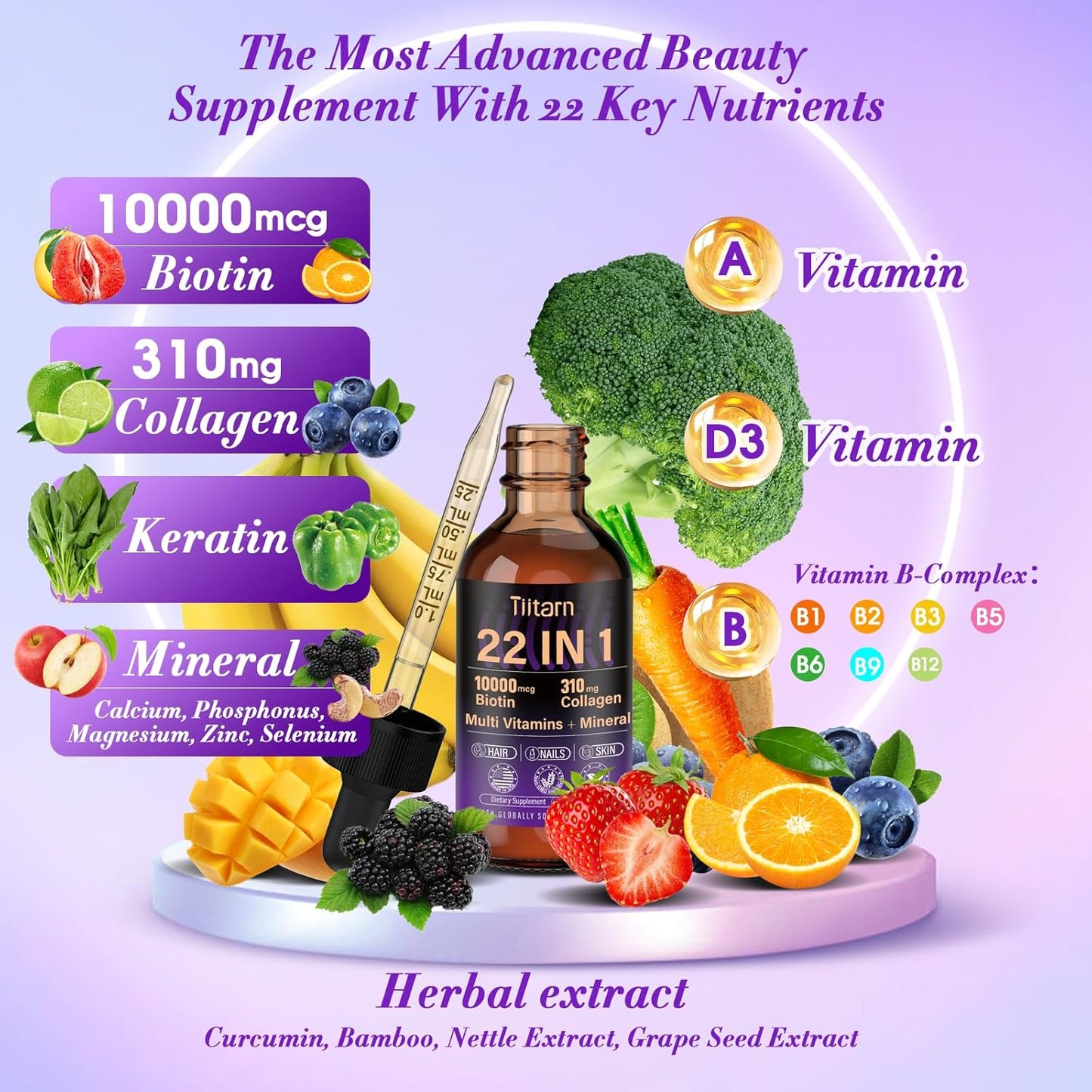 Liquid Hair Vitamins with Biotin, Collagen & Hyaluronic Acid - Hair Growth Support for Women and Men - Vitamin B Complex - Fast Absorption - Hair, Skin & Nails - Tiitarn